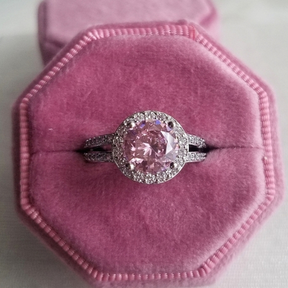 Swarovski Elements 925 Sterling Silver Round Pink Solitaire Halo Ring NEW - Picture 13 of 17